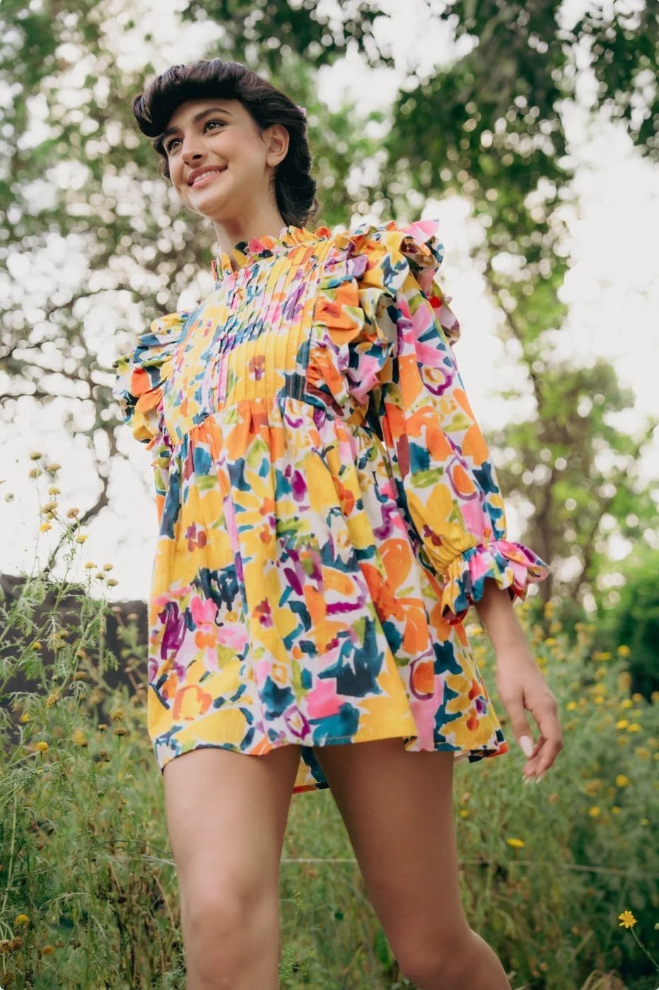 Painterly floral summer dress on model